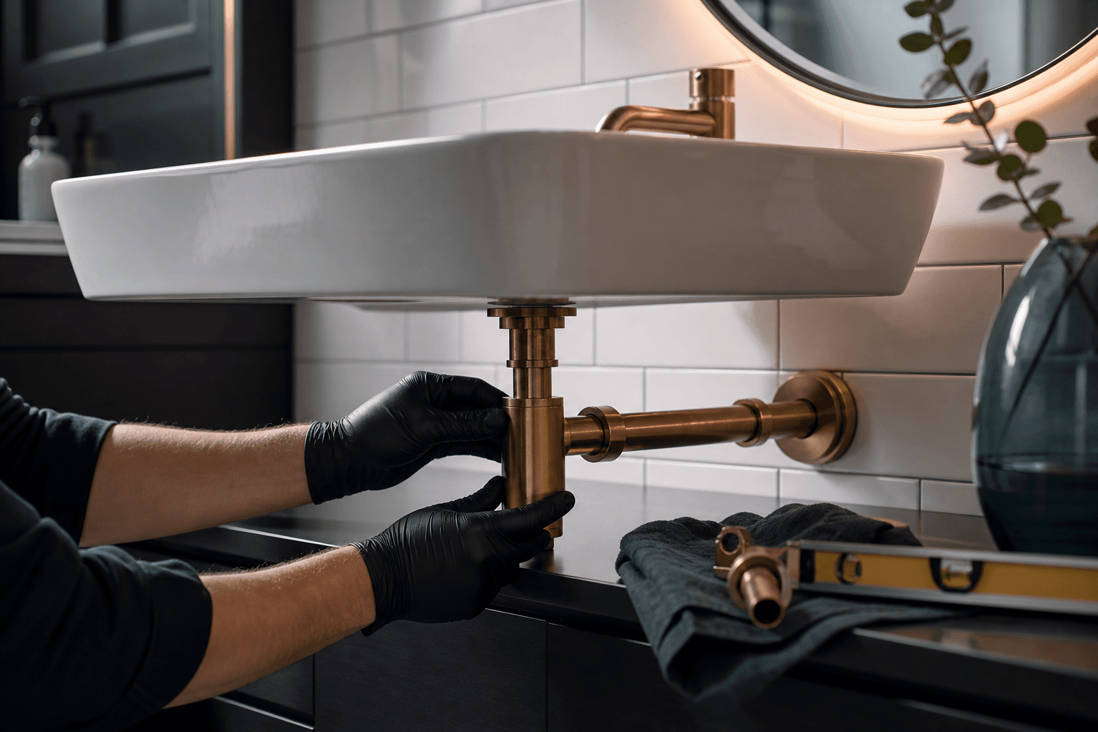 Copper and brass pipework being aligned beneath a floating bathroom basin.