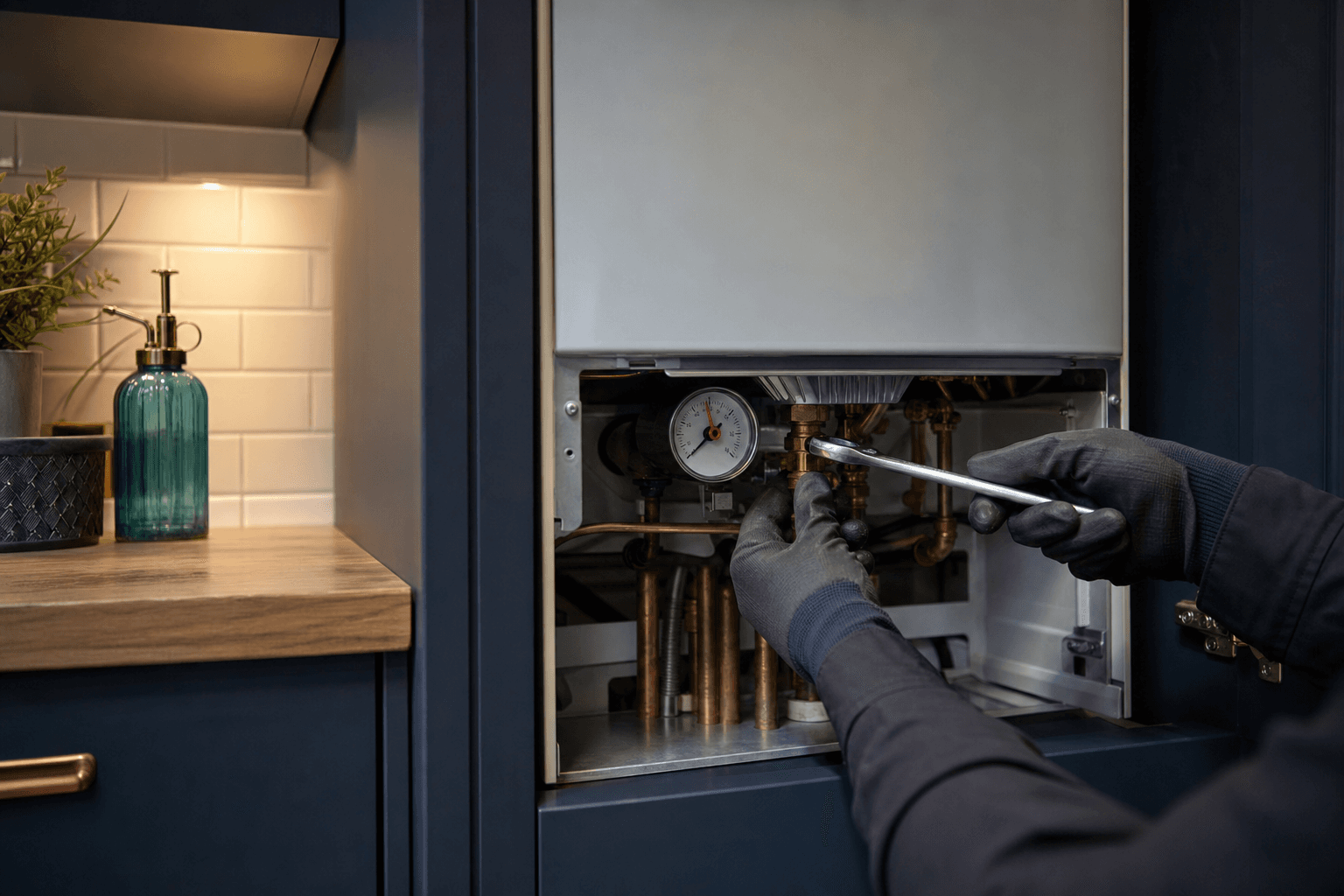 A modern boiler cupboard with copper fittings and a pressure gauge being checked.