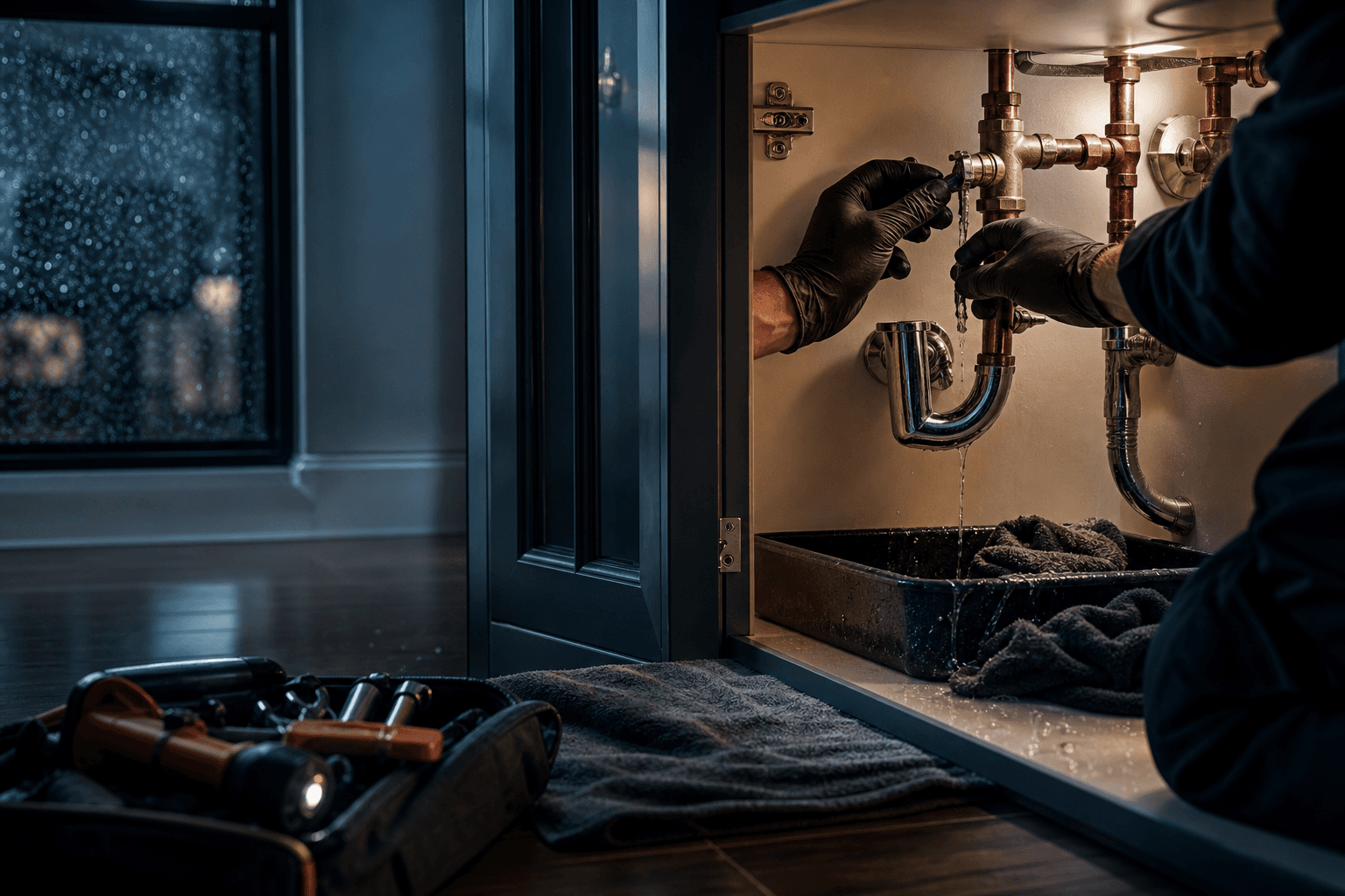 Gloved hands tightening an isolation valve during a controlled emergency plumbing repair.