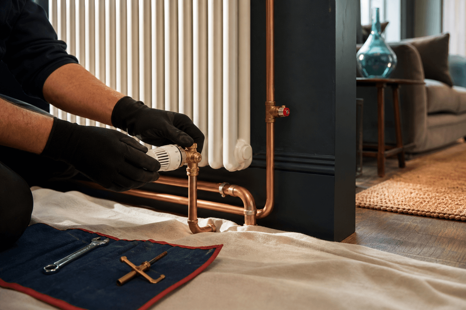 A thermostatic radiator valve and exposed copper pipework being adjusted in a styled room.